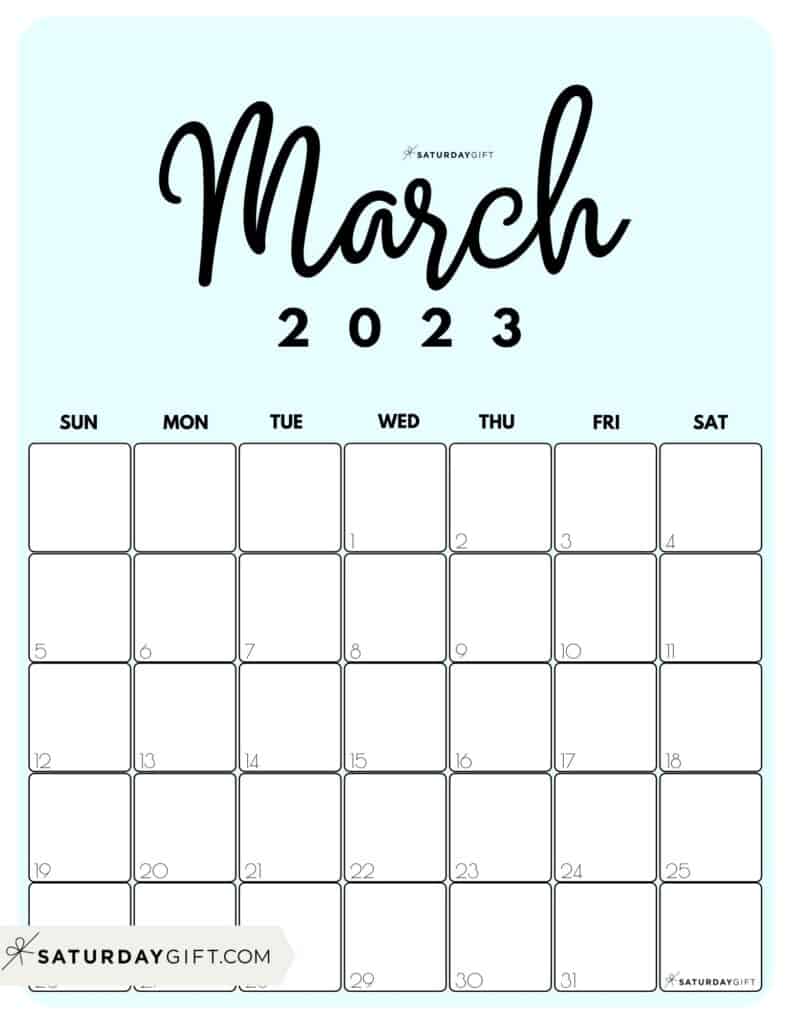 03 MAR Cute Printable March 2023 Calendar by Month Blue Vertical Sunday-start | SaturdayGift