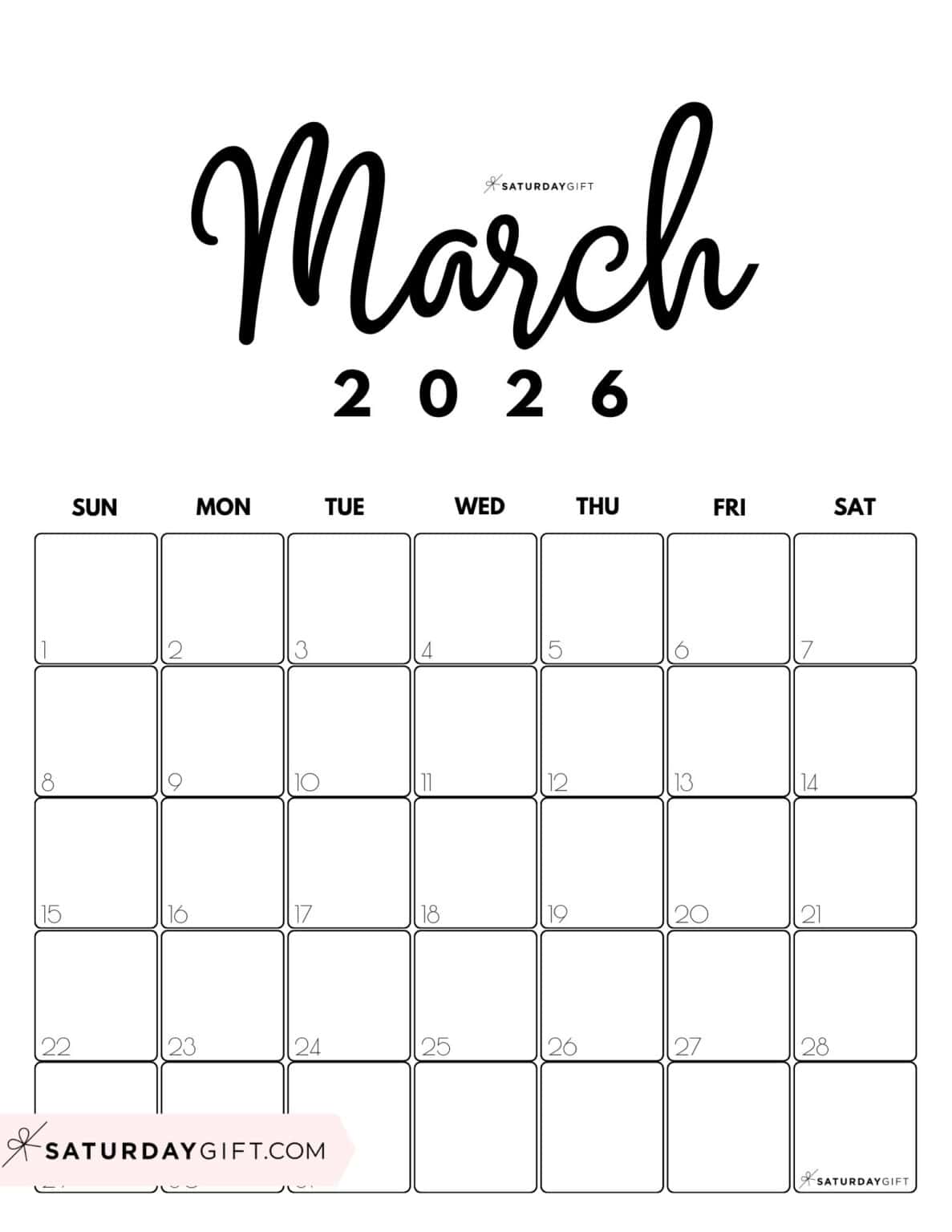 March 2026 Calendars - 23 Cute Free Printable PDFs by SaturdayGift