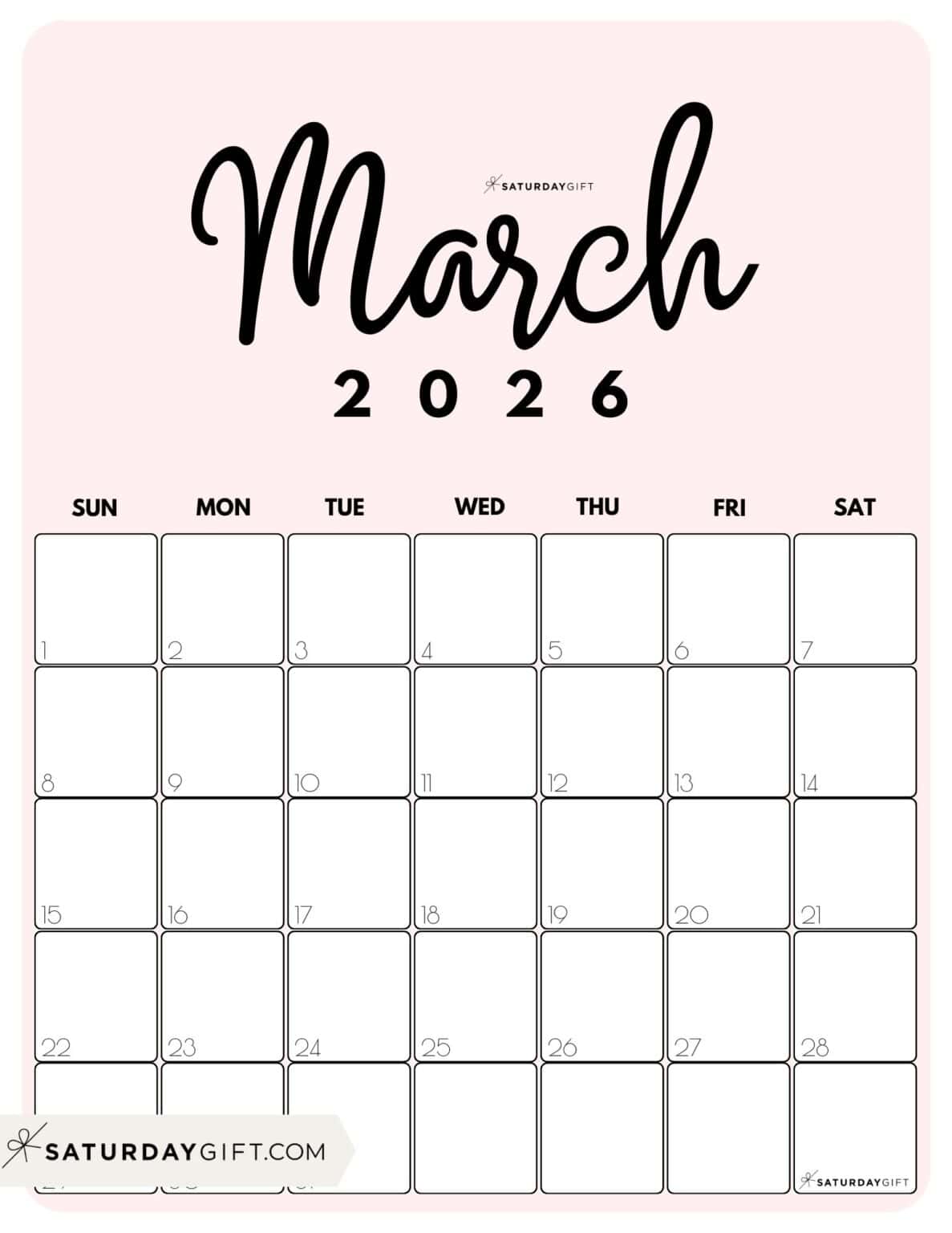 March 2026 Calendars - 23 Cute Free Printable PDFs by SaturdayGift