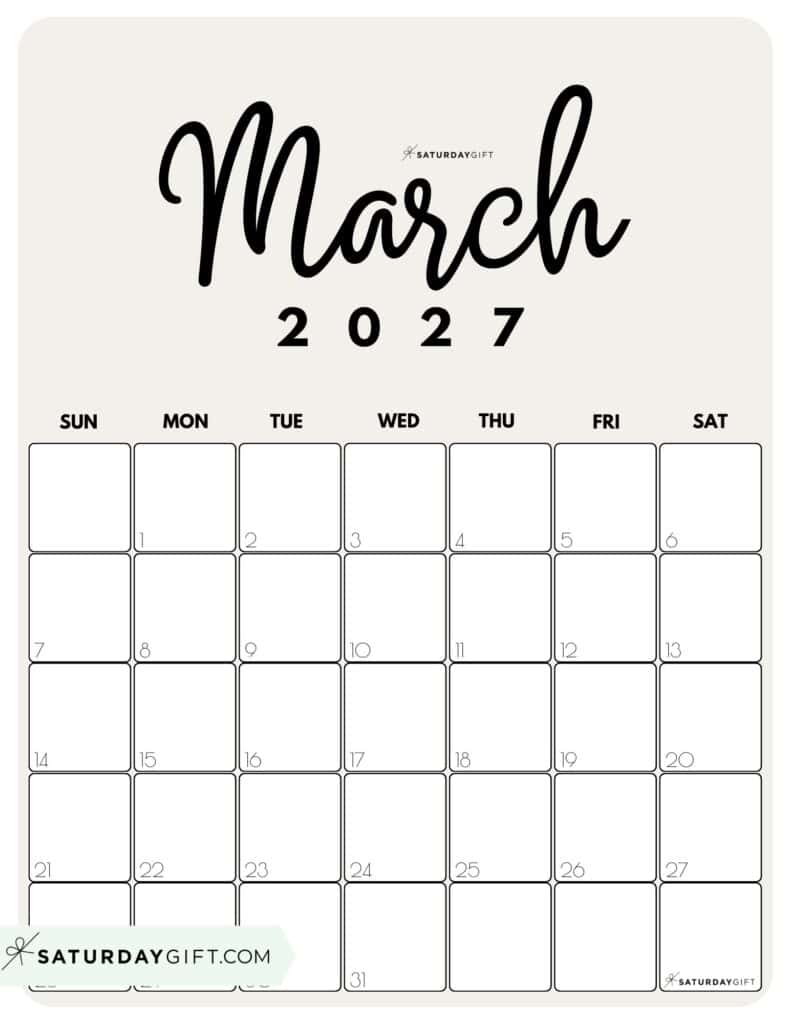 Cute Printable March 2027 Calendar by Month Beige Vertical Sunday-start | SaturdayGift