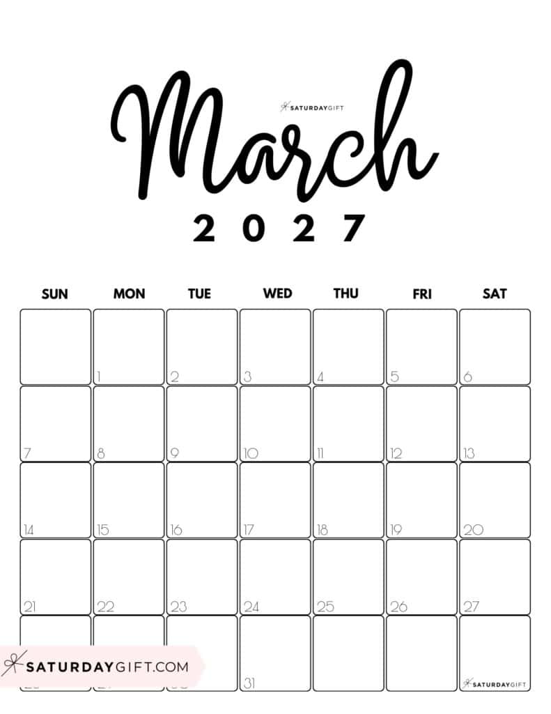 Cute Printable March 2027 Calendar by Month Black White Vertical Sunday-start | SaturdayGift