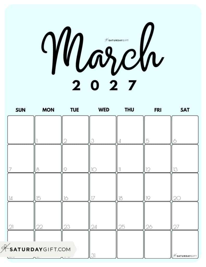 Cute Printable March 2027 Calendar by Month Blue Vertical Sunday-start | SaturdayGift