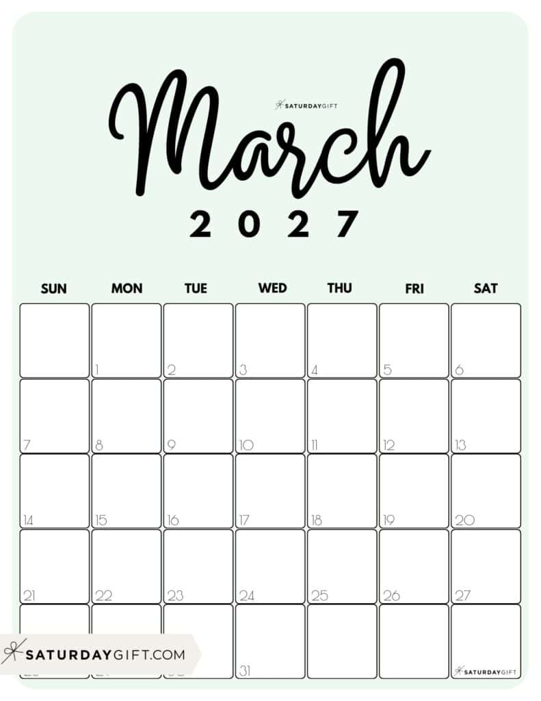 Cute Printable March 2027 Calendar by Month Green Vertical Sunday-start | SaturdayGift