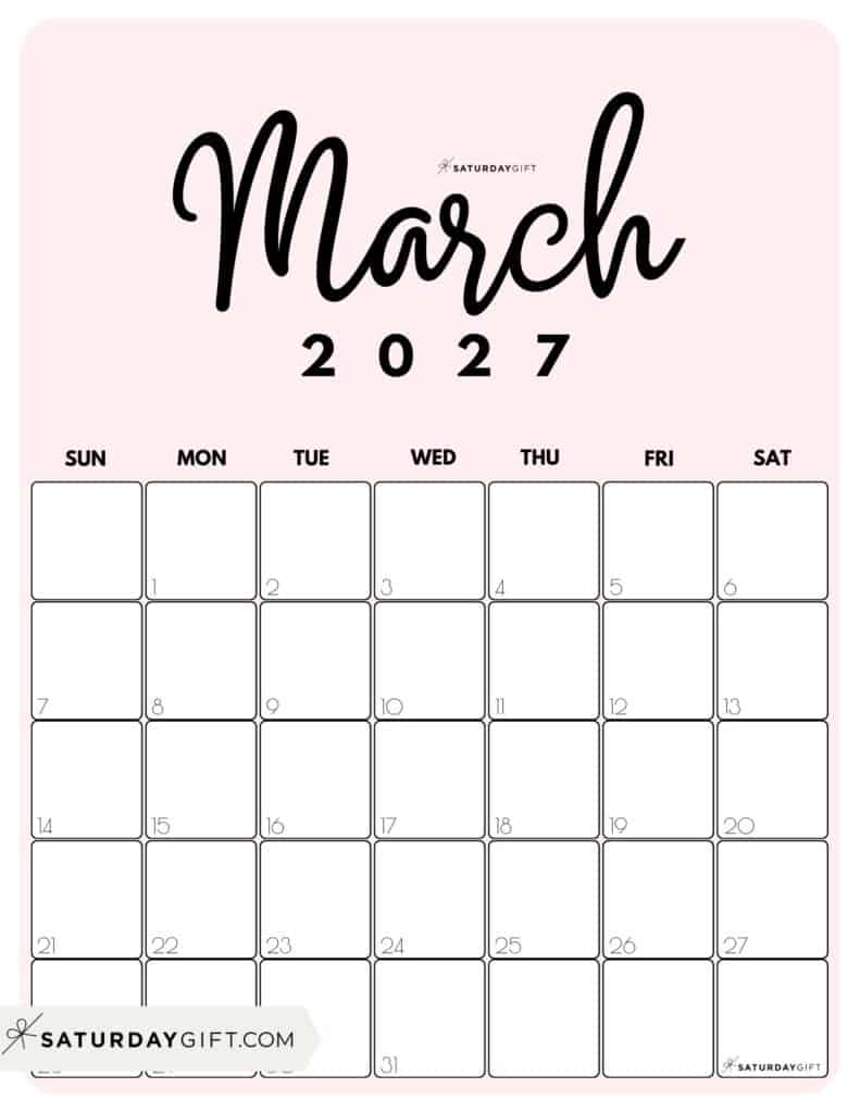 Cute Printable March 2027 Calendar by Month Pink Vertical Sunday-start | SaturdayGift