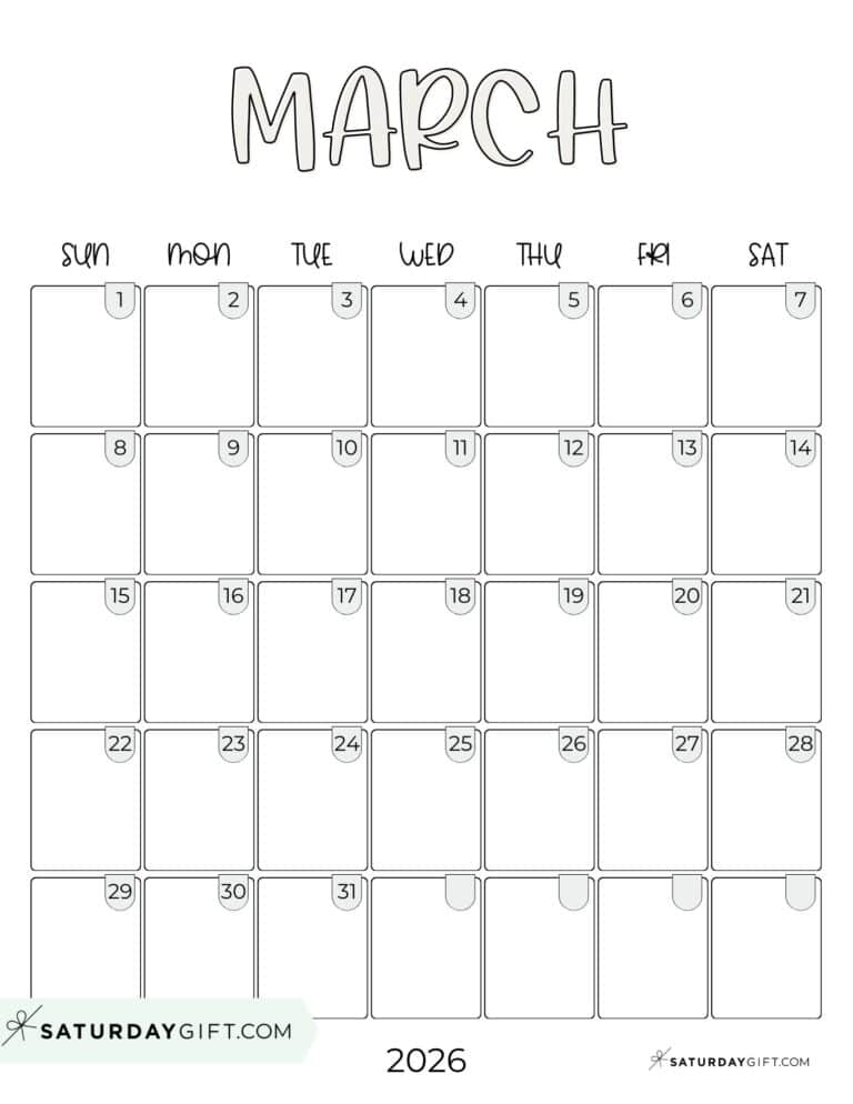 March 2026 Calendars - 21 Cute Free Printable PDFs by SaturdayGift