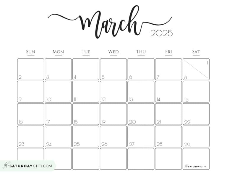 March 2025 Calendar - 20 Cute &amp; FREE Printables | SaturdayGift