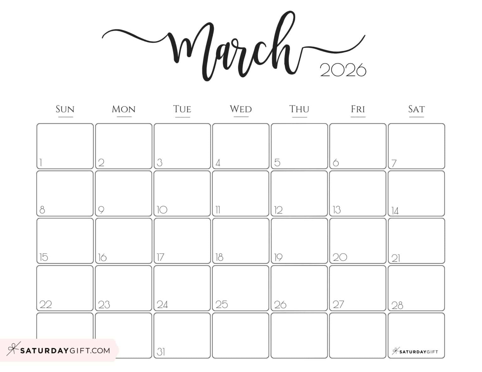 Elegant Printable Calendar 2026 by SaturdayGift Readers' Favorite!