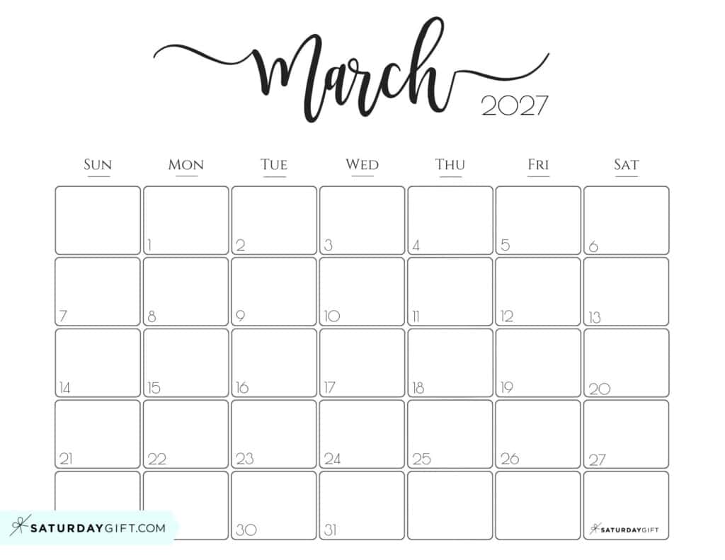 Elegant March 2027 calendar Free Printable Horizontal Landscape Black & White Sunday-Start | SaturdayGift