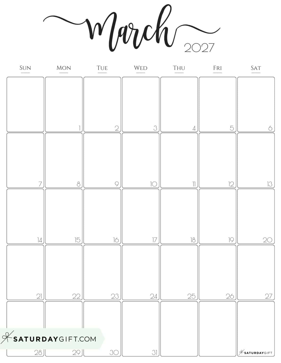 March 2027 Calendars - 23 Cute Free Printable PDFs by SaturdayGift