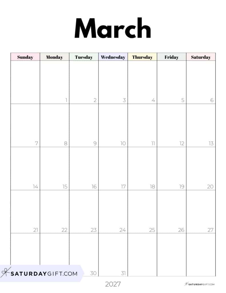 Pretty Pastels March 2027 Calendar Free Printable Portrait Sunday-Start | SaturdayGift