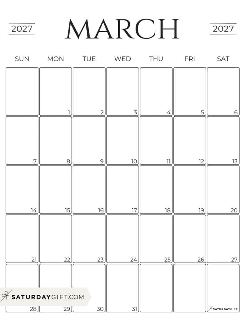 Simple Portrait March 2027 Calendar Free Printable Business Calendar Black & White Sunday-Start | SaturdayGift