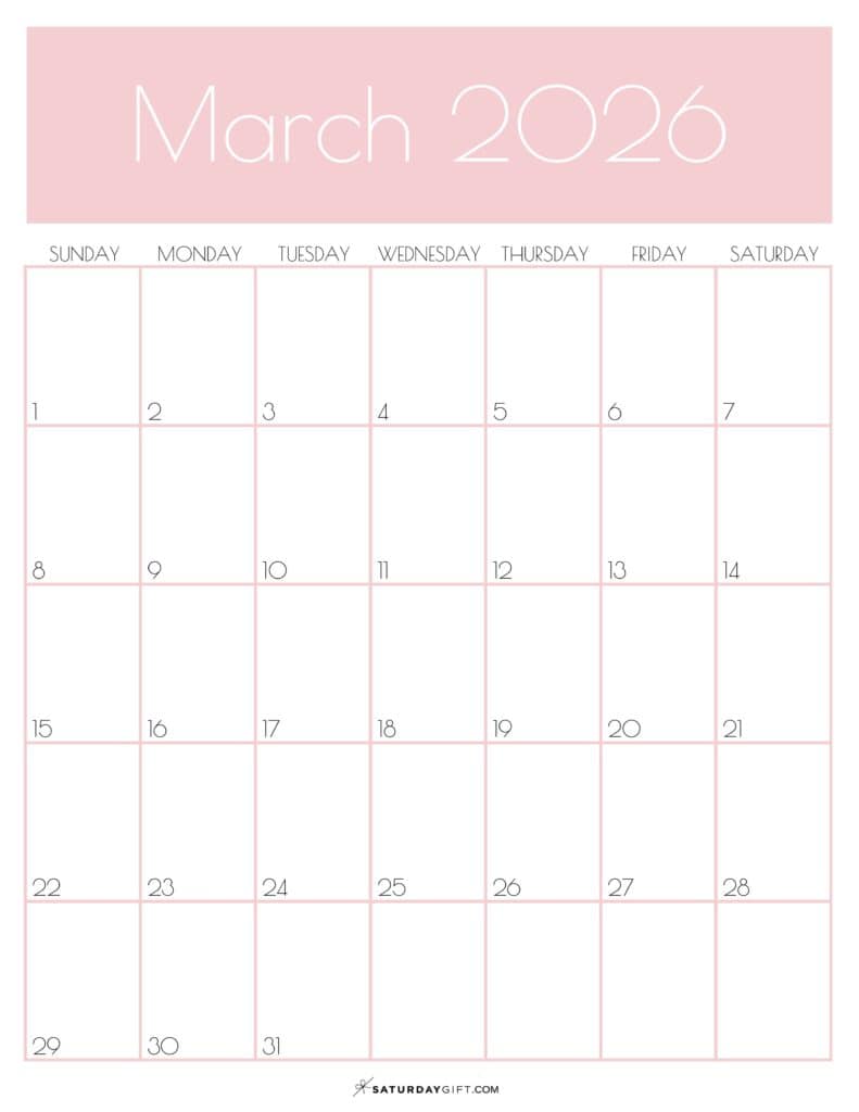 03 Pink Monthly Goals March 2026 Calendar Vertical Sunday-start