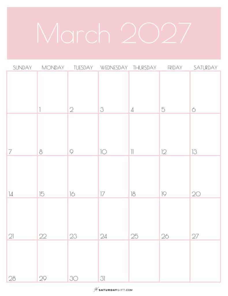 Pink Monthly Goals March 2027 Calendar Vertical Sunday-start | SaturdayGift