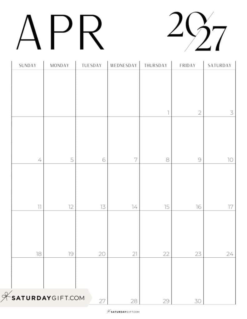 Chic Black and White April 2027 Calendar Free Printable Portrait Sunday-Start | SaturdayGift