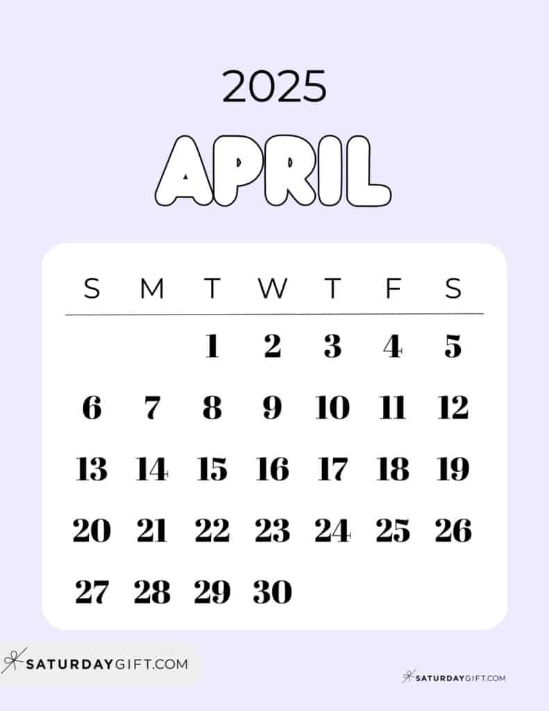 Cute April 2025 Calendar Lilac Free Printable Sunday Starting Weeks | SaturdayGift
