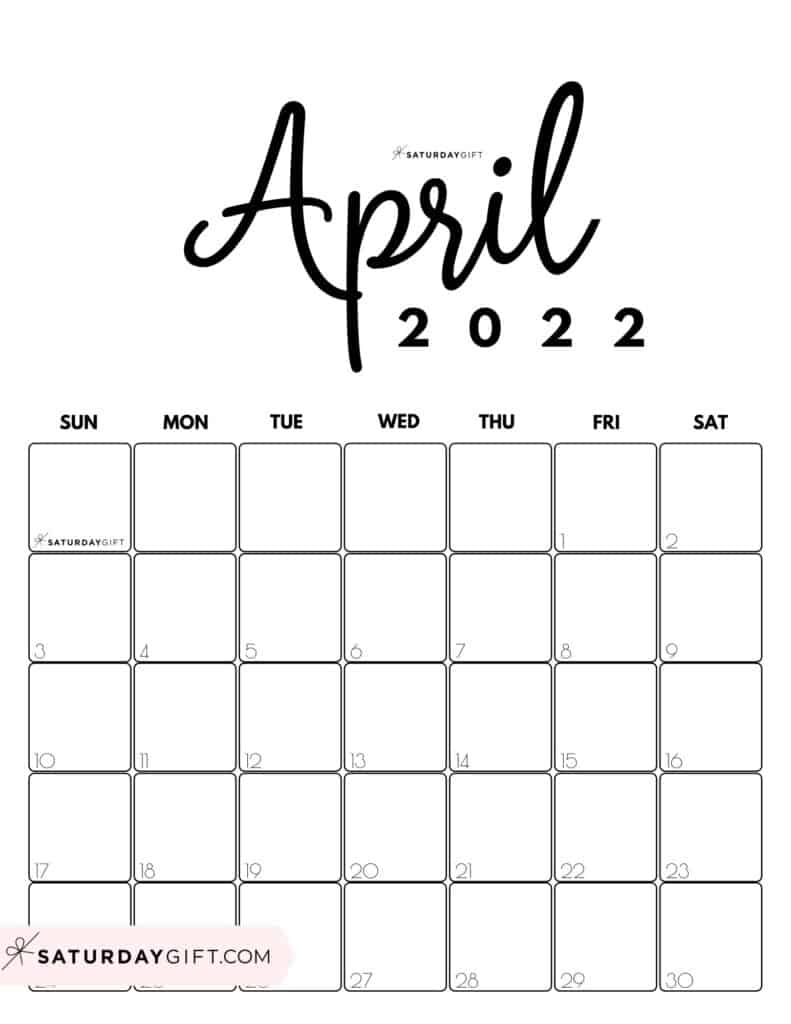 Cute Printable April 2022 Calendar by Month Black & White Vertical Sunday-start | SaturdayGift