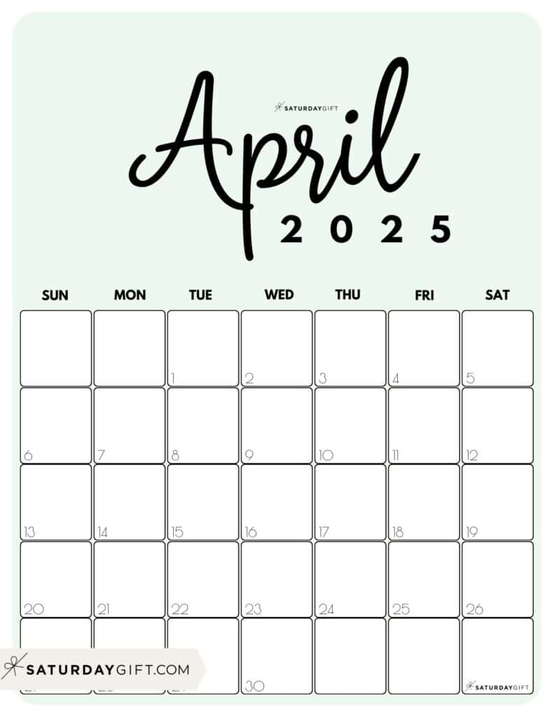 04 APR Cute Printable April 2025 Calendar by Month Green Vertical Sunday-start | SaturdayGift