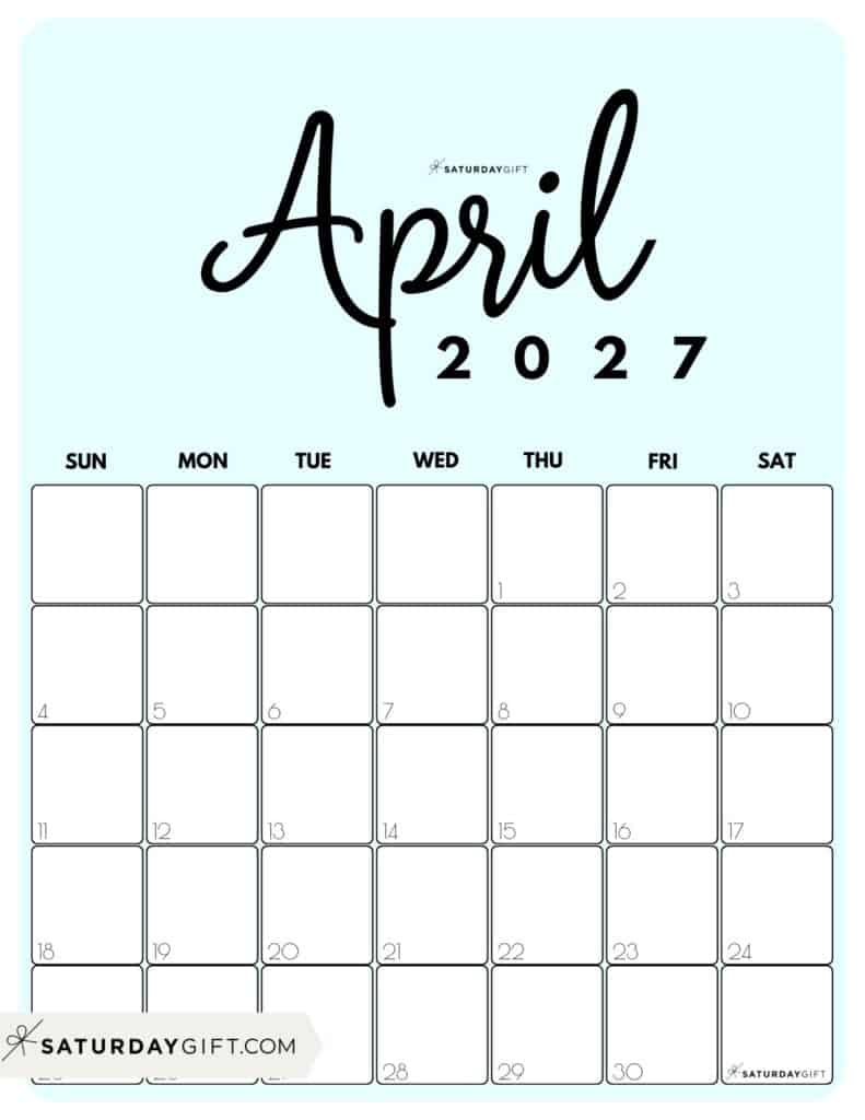Cute Printable April 2027 Calendar by Month Blue Vertical Sunday-start | SaturdayGift