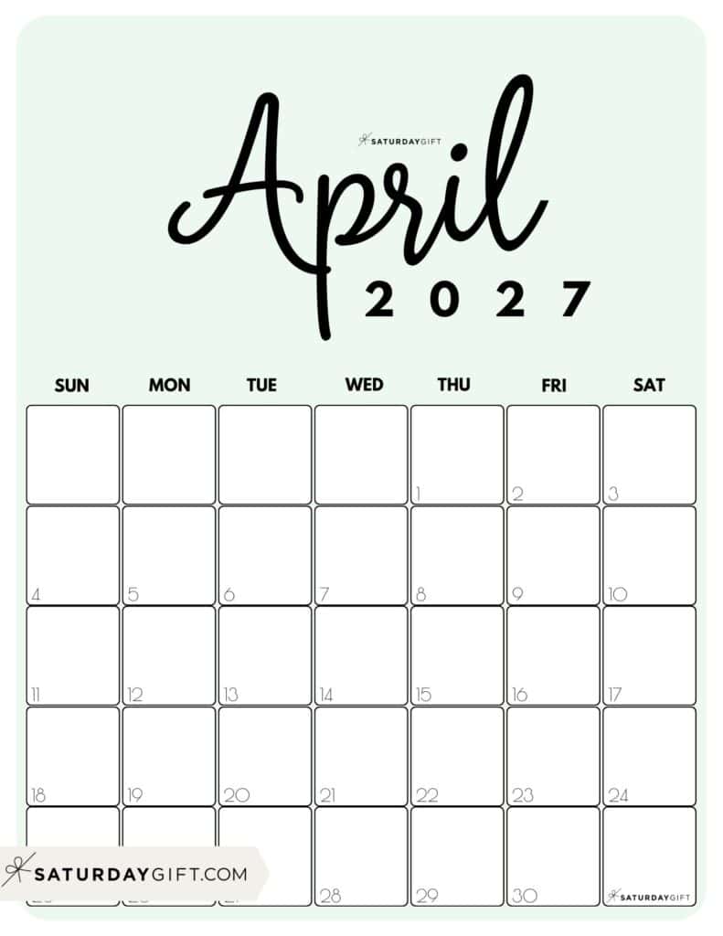 Cute Printable April 2027 Calendar by Month Green Vertical Sunday-start | SaturdayGift