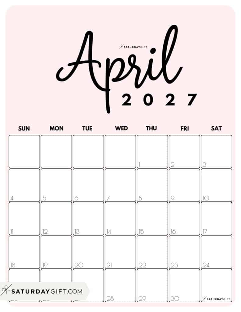 Cute Printable April 2027 Calendar by Month Pink Vertical Sunday-start | SaturdayGift