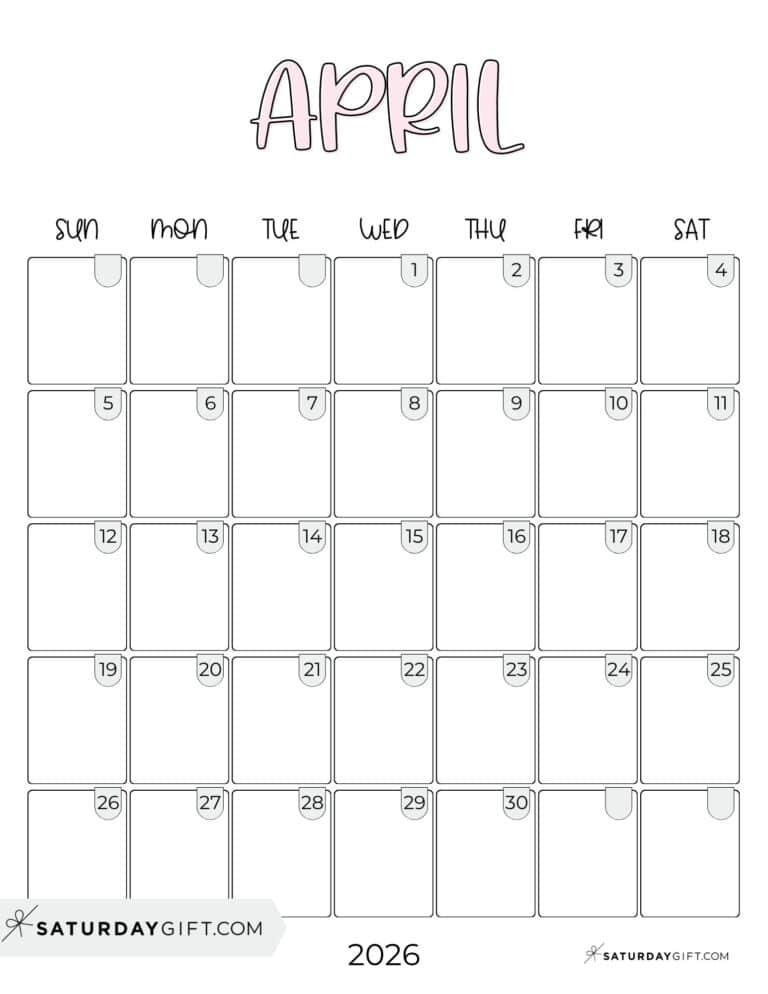 April 2026 Calendars 21 Cute Free Printable PDFs by SaturdayGift