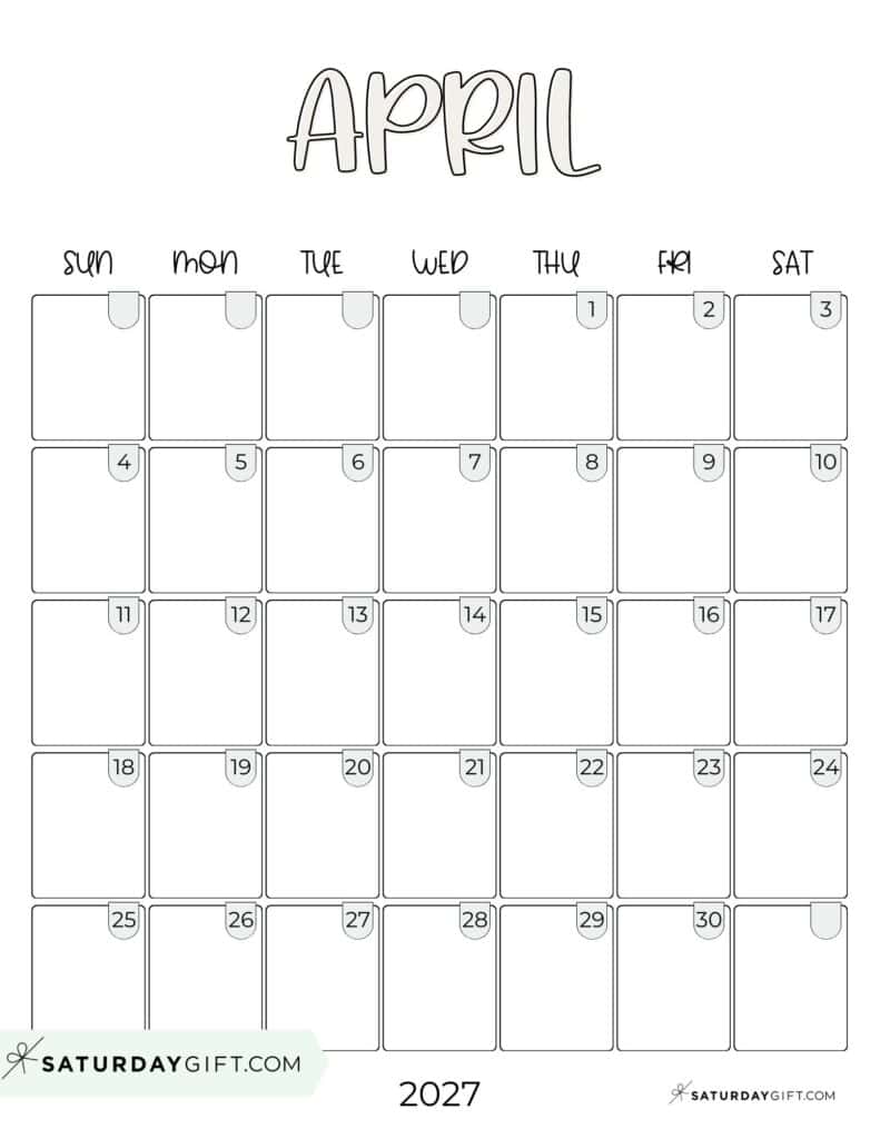 Cute Simple April 2027 Calenda Aesthetic Free Printable PDF Sunday Star | SaturdayGift