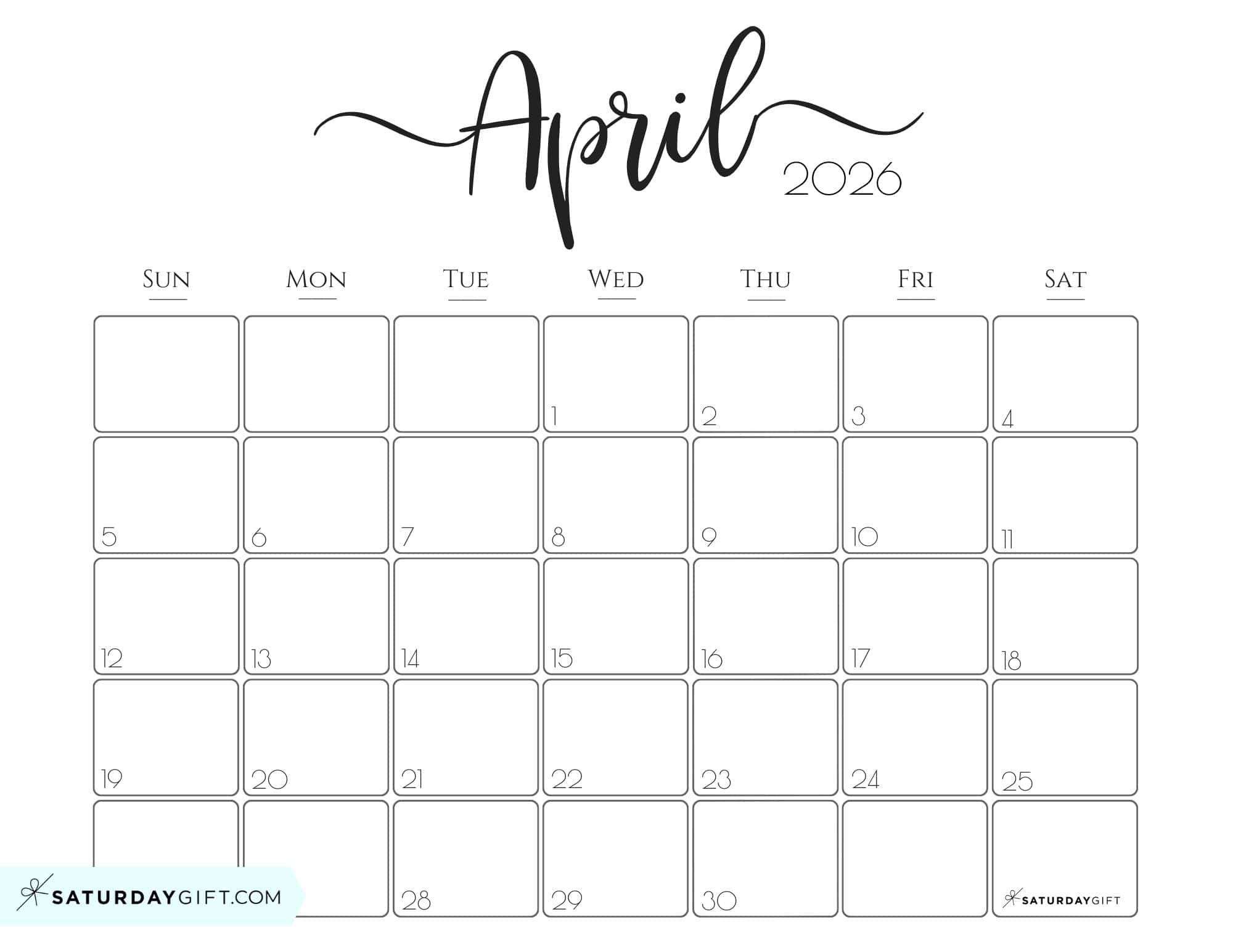 Elegant Printable Calendar 2026 by SaturdayGift Readers' Favorite!