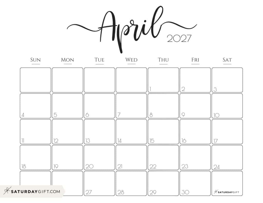 Elegant April 2027 calendar Free Printable Horizontal Landscape Black & White Sunday-Start | SaturdayGift