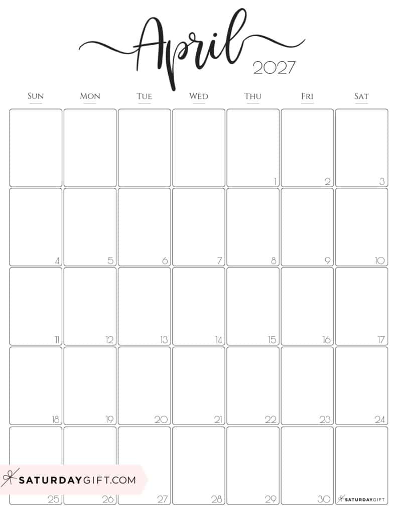 Elegant April 2027 Calendar Free Printable Vertical Portrait Black White Sunday Start | SaturdayGift