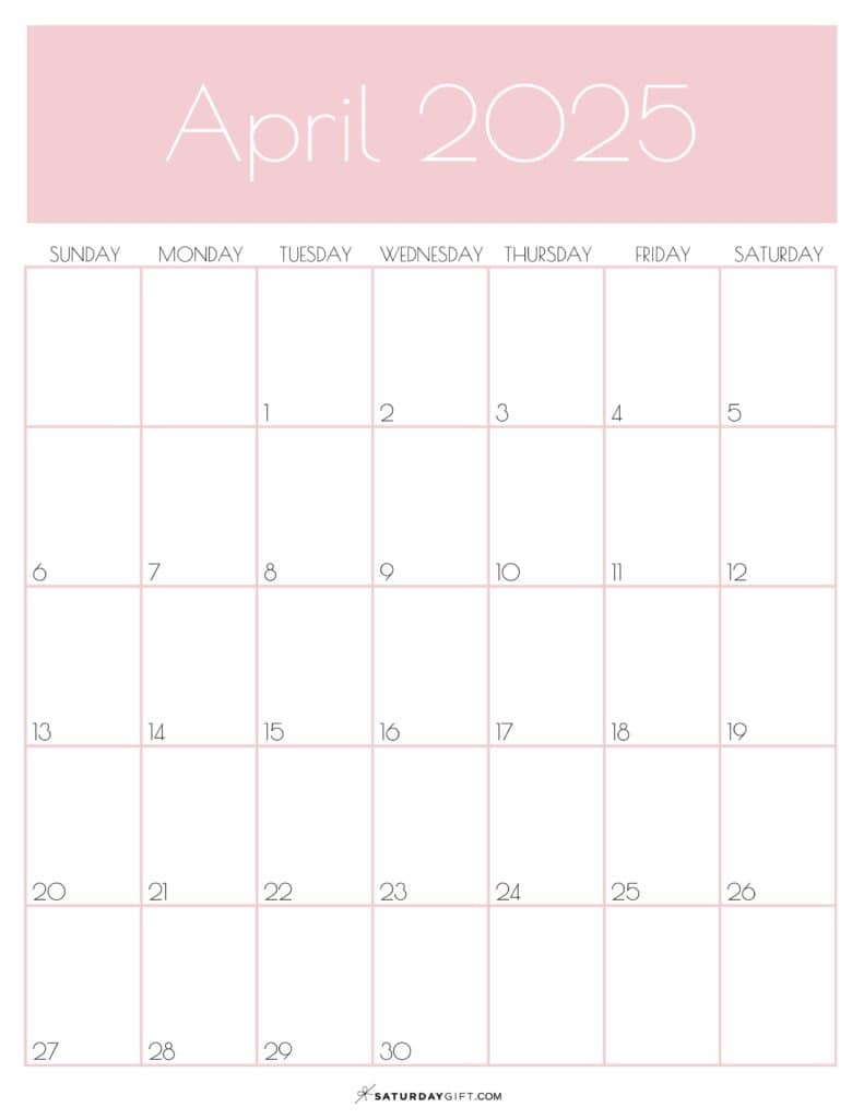 04 APR Pink Monthly Goals April 2025 Calendar Vertical Sunday-start | SaturdayGift