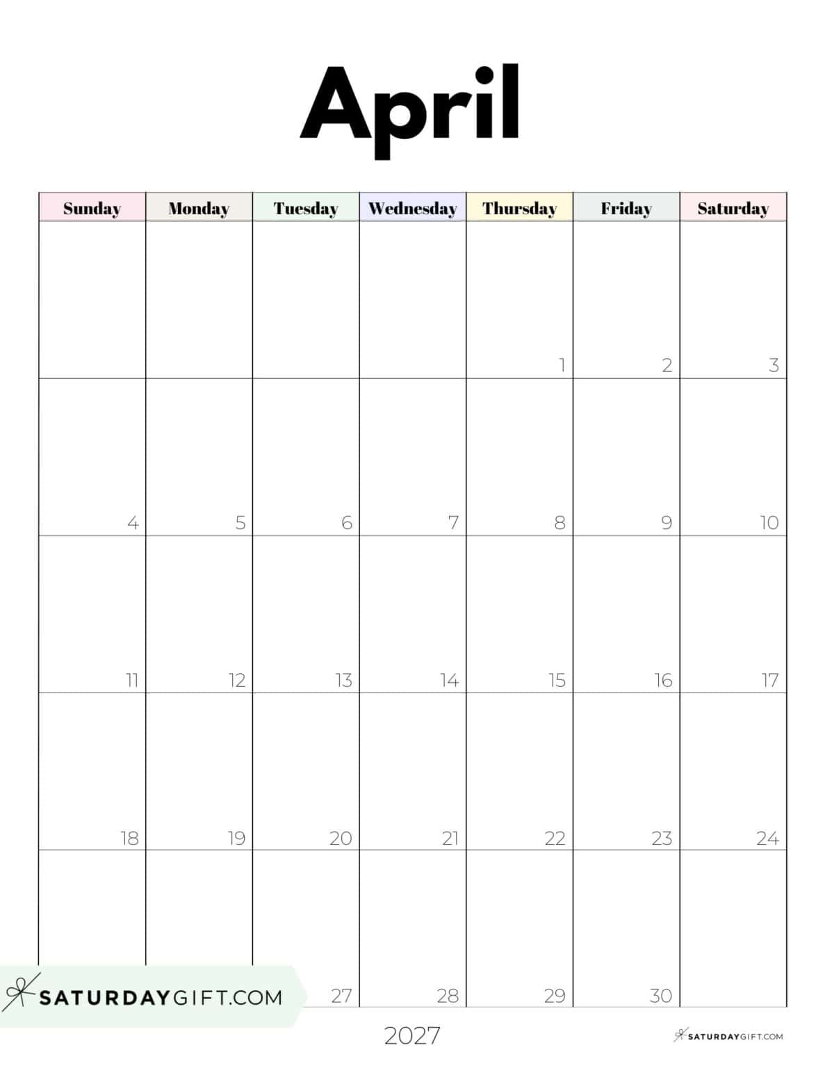 Pastel Monthly Calendar 2027 - Cute Free Printables
