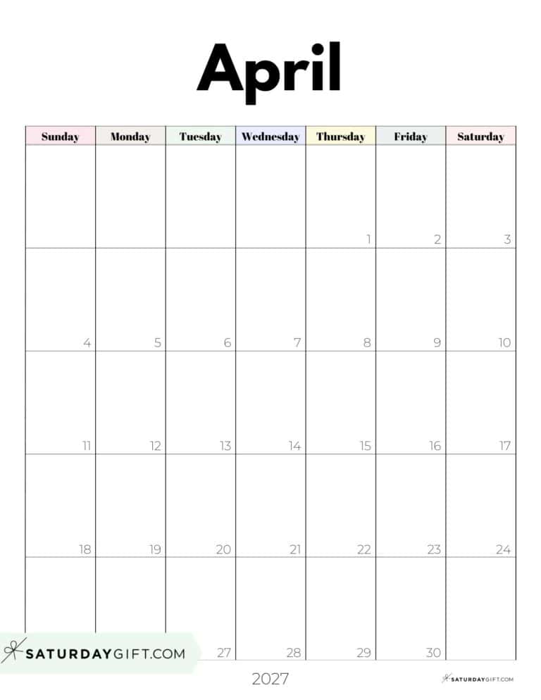 Pastel Monthly Calendar 2027 - Cute Free Printables