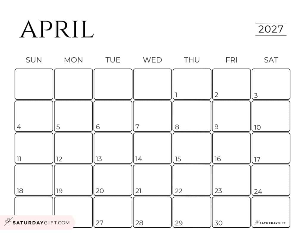 Simple Horizontal April 2027 Calendar Free Printable Business Calendar Black & White Sunday-Start | SaturdayGift