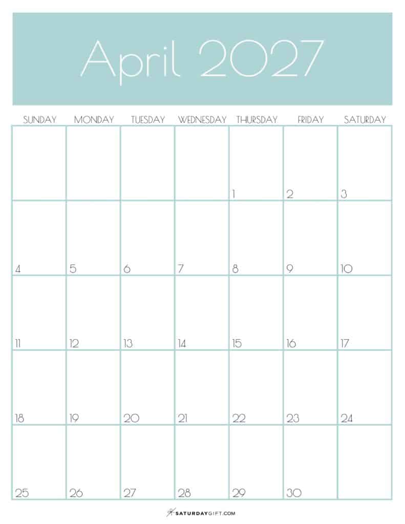 Green Monthly Goals April 2027 Calendar Vertical Sunday-start | SaturdayGift