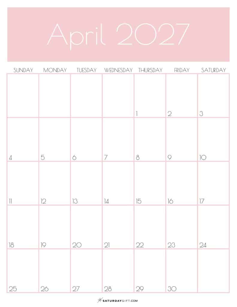 Pink Monthly Goals April 2027 Calendar Vertical Sunday-start | SaturdayGift