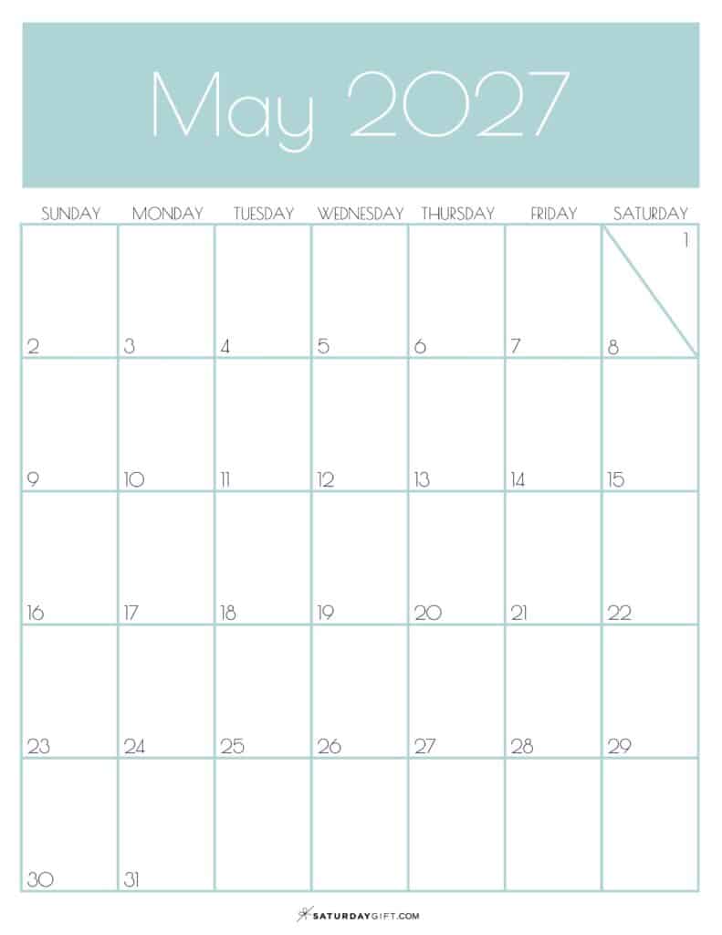 Green Monthly Goals May 2027 Calendar Vertical Sunday-start | SaturdayGift