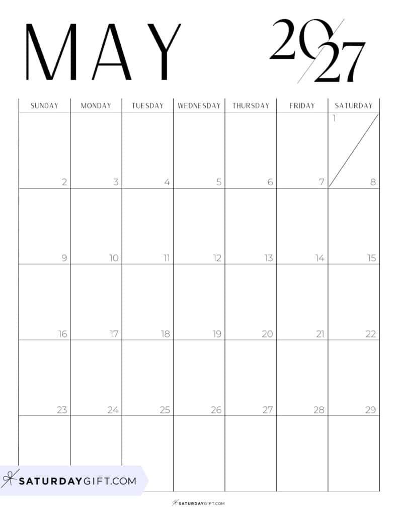 Chic Black and White May 2027 Calendar Free Printable Portrait Sunday-Start | SaturdayGift
