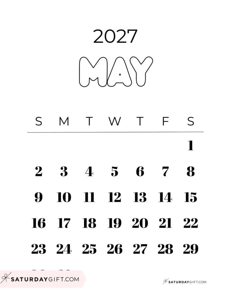 Cute Bubbly May 2027 Calendar Black & White Free Printable Sunday Starting Weeks | SaturdayGift