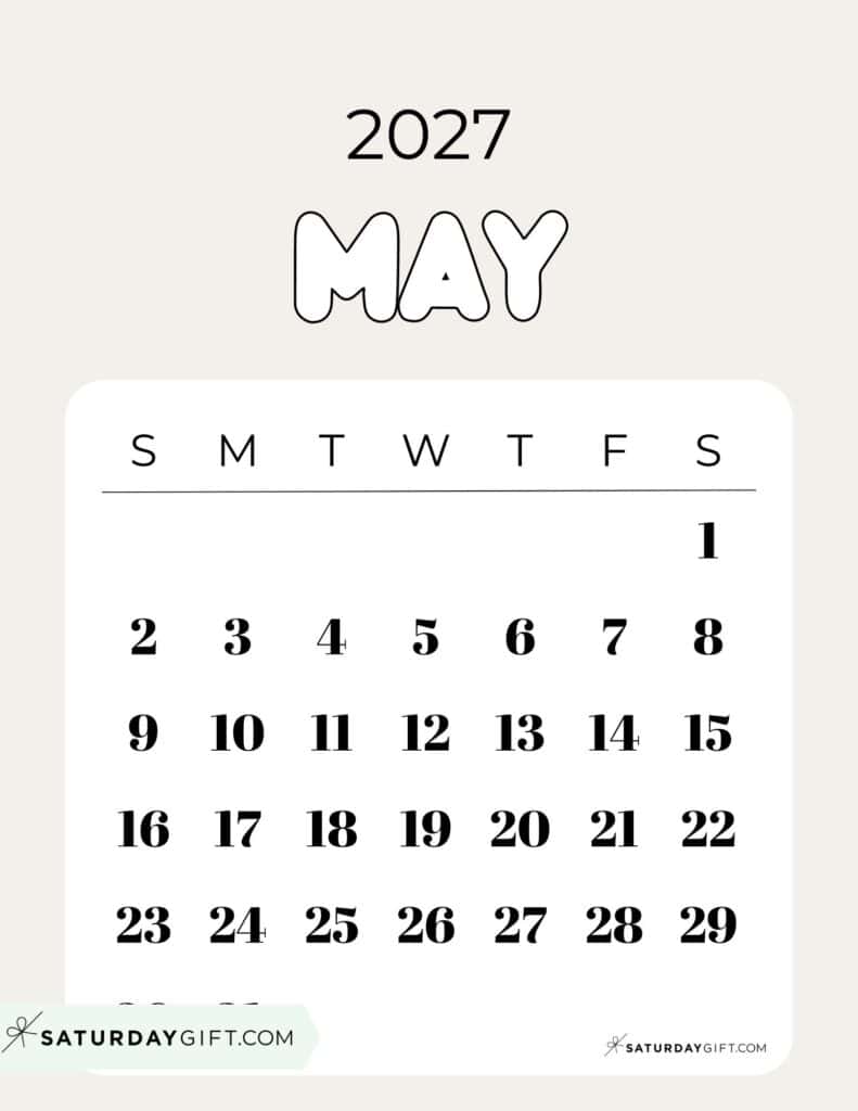 Cute Bubbly May 2027 Calendar Elegant Beige Free Printable Sunday Starting Weeks | SaturdayGift