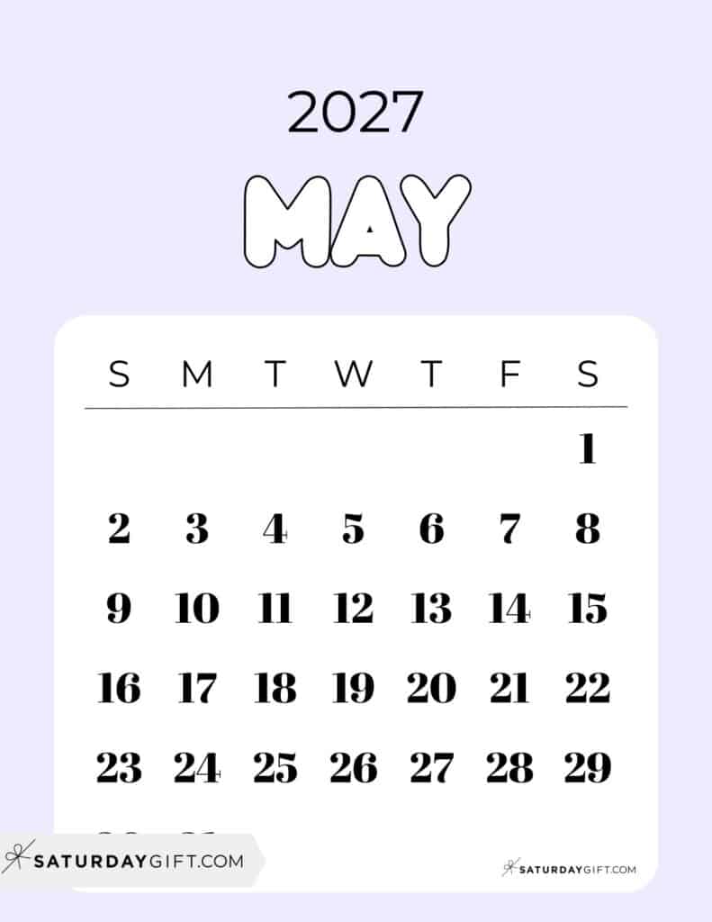 Cute Bubbly May 2027 Calendar Lilac Free Printable Sunday Starting Weeks | SaturdayGift