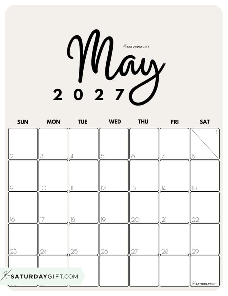 Cute Printable May 2027 Calendar by Month Beige Vertical Sunday-start | SaturdayGift