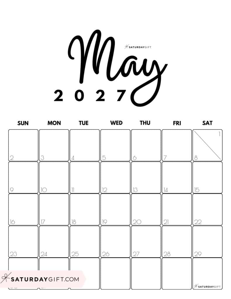 Cute Printable May 2027 Calendar by Month Black White Vertical Sunday-start | SaturdayGift