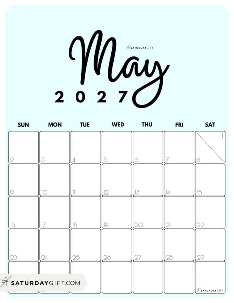 Cute Printable May 2027 Calendar by Month Blue Vertical Sunday-start | SaturdayGift