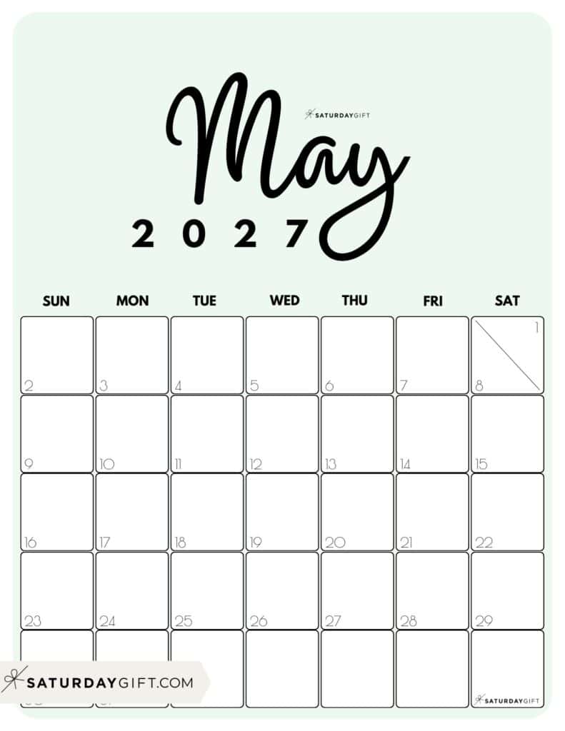 Cute Printable May 2027 Calendar by Month Green Vertical Sunday-start | SaturdayGift