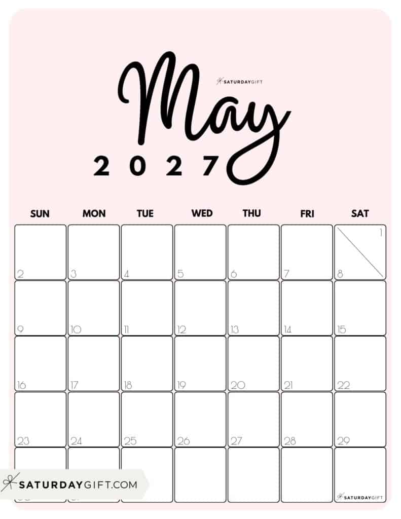 Cute Printable May 2027 Calendar by Month Pink Vertical Sunday-start | SaturdayGift
