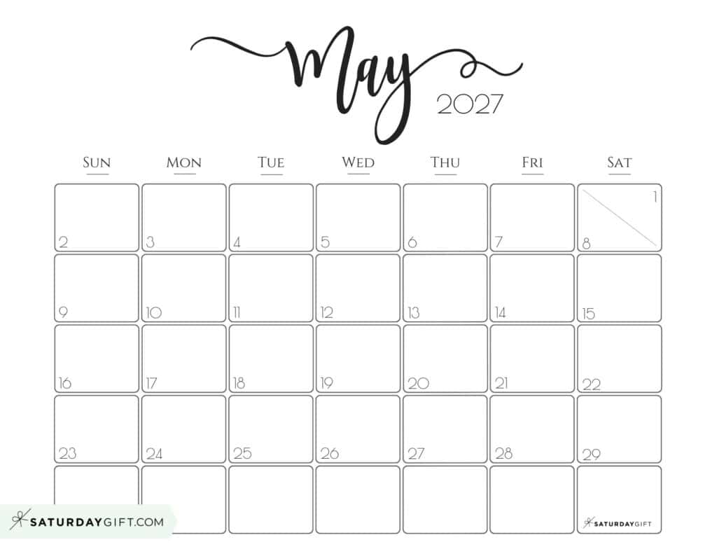 Elegant May 2027 calendar Free Printable Horizontal Landscape Black & White Sunday-Start | SaturdayGift