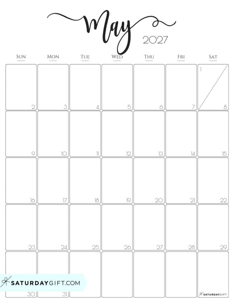 Elegant May 2027 Calendar Free Printable Vertical Portrait Black White Sunday Start | SaturdayGift