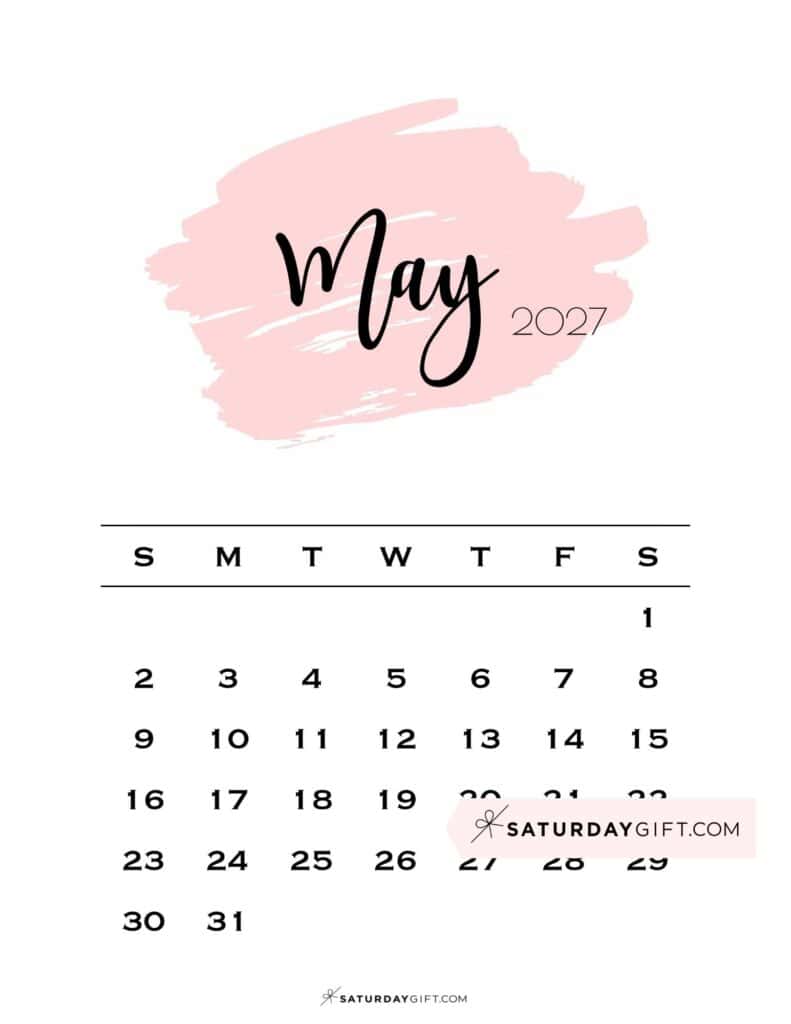 Monthly May 2027 Calendar Sunday Start Pink Paint | SaturdayGift