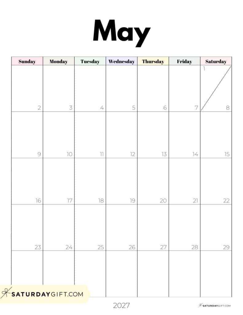 Pretty Pastels May 2027 Calendar Free Printable Portrait Sunday-Start | SaturdayGift