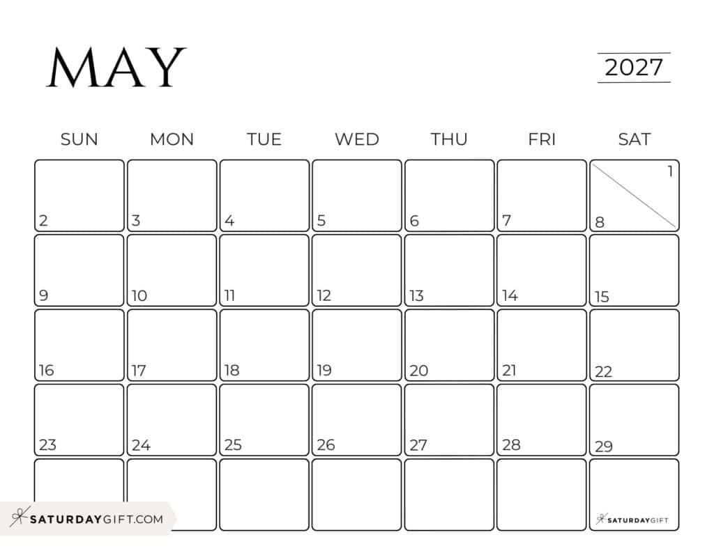 Simple Horizontal May 2027 Calendar Free Printable Business Calendar Black & White Sunday-Start | SaturdayGift